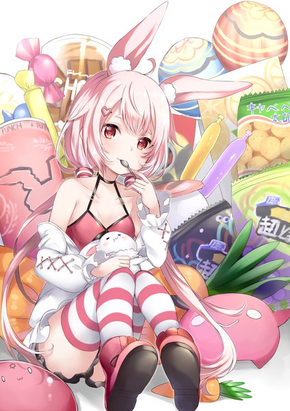 Anime picture 867x1227 with virtual youtuber tomari mari channel tomari mari mashiro aa single long hair tall image looking at viewer blush red eyes white background sitting twintails bare shoulders animal ears pink hair full body ahoge bunny ears low twintails