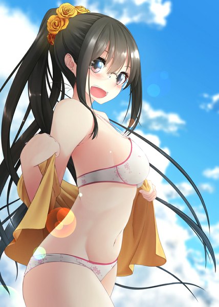 Anime picture 744x1044 with original nekobaka single long hair tall image looking at viewer blush fringe light erotic black hair standing bare shoulders brown eyes sky cloud (clouds) ponytail bare belly bare legs floral print happy