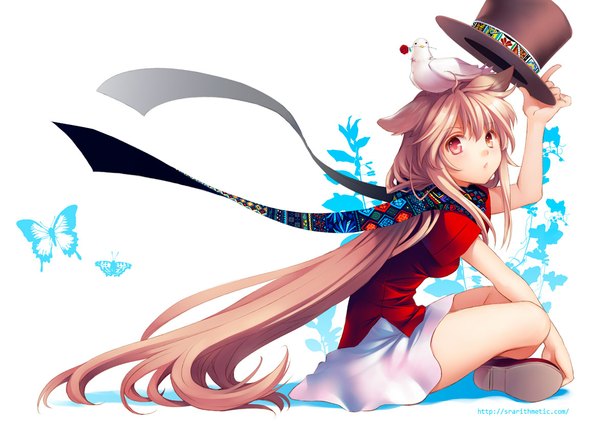 Anime picture 1174x835 with original nacht single long hair looking at viewer blonde hair red eyes sitting animal ears indian style animal on head bird on head girl dress hat animal scarf bird (birds) insect butterfly