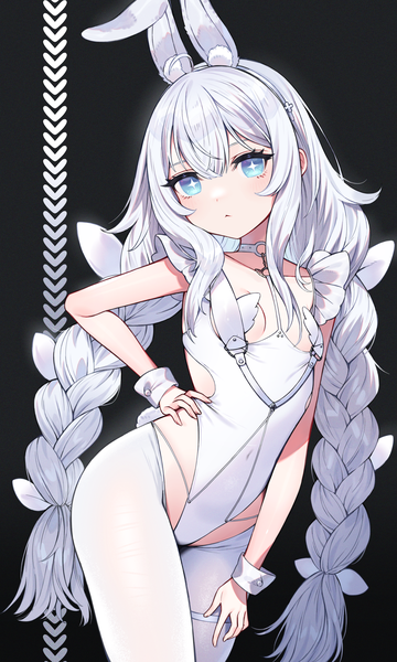 Anime picture 2021x3367 with azur lane le malin (azur lane) le malin (listless lapin) (azur lane) shibainu single long hair tall image looking at viewer blush fringe highres breasts blue eyes light erotic simple background hair between eyes standing animal ears payot silver hair