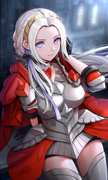 Anime picture 1043x1734 with fire emblem fire emblem: three houses fire emblem warriors: three hopes nintendo edelgard von hresvelg gonzarez single long hair tall image looking at viewer standing purple eyes payot silver hair braid (braids) arm up arm support floating hair girl gloves