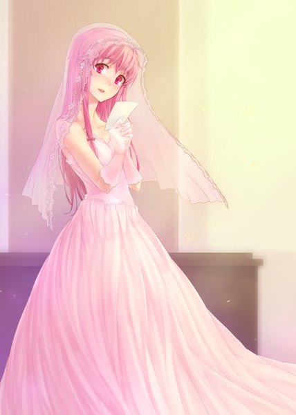 Anime picture 1500x2100 with mirai nikki gasai yuno long hair tall image looking at viewer blush fringe breasts bare shoulders holding pink hair cleavage pink eyes sleeveless wedding dress gloves bow hair bow wedding dress