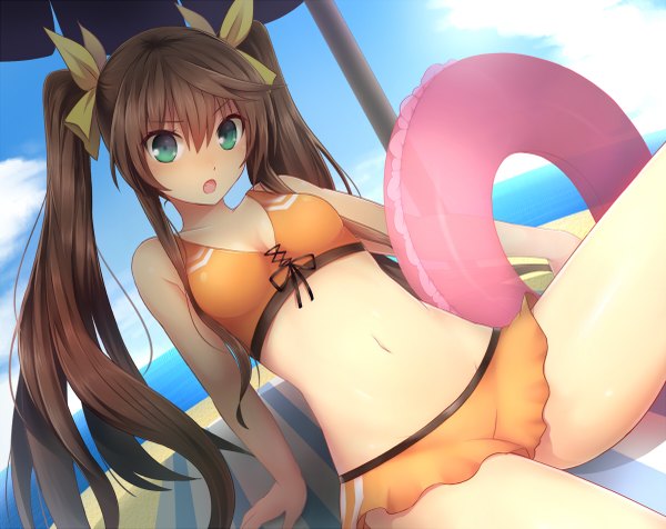 Anime picture 1200x953 with infinite stratos 8bit fang linyin kamanatsu single long hair open mouth light erotic brown hair twintails green eyes beach girl navel swimsuit swim ring beach umbrella