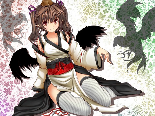 Anime picture 1600x1200 with touhou himekaidou hatate fukunaga kazuhiro single long hair looking at viewer brown hair sitting twintails brown eyes traditional clothes pointy ears shadow zettai ryouiki kourindou tengu costume girl thighhighs ribbon (ribbons) hair ribbon wings