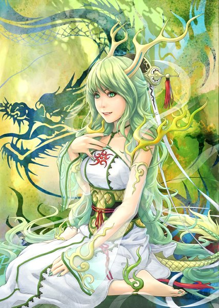Anime picture 727x1018 with revenge of dragoon ribedora single long hair tall image looking at viewer smile sitting green eyes tail very long hair animal tail barefoot horn (horns) green hair kneeling wavy hair girl hair ornament transparent clothing