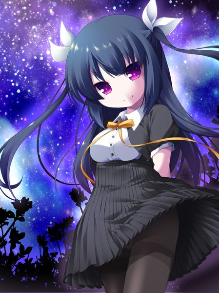 Anime picture 749x1000 with original ringo yuyu long hair tall image looking at viewer black hair smile purple eyes night girl dress bow hair bow pantyhose
