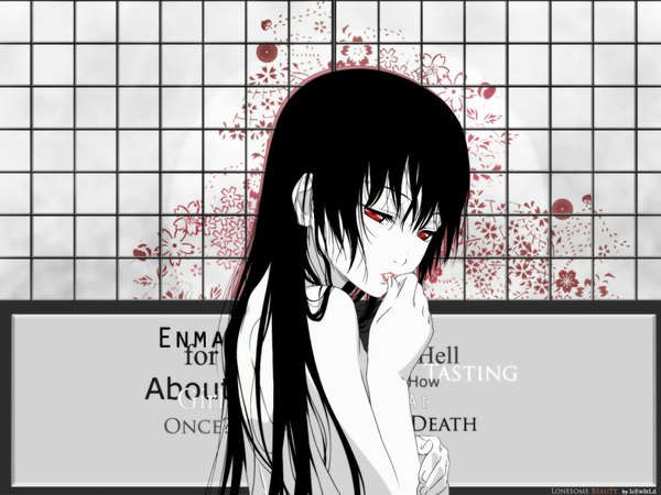 Anime picture 1600x1200 with hell girl studio deen enma ai single long hair black hair red eyes nude lips wallpaper back spot color polychromatic high contrast girl