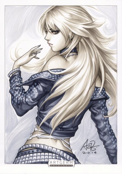 Anime picture 705x1000 with trinity blood gonzo vanessa walsh artgerm (stanley lau) single long hair tall image blonde hair brown eyes from behind realistic inscription open clothes open jacket turning head border girl choker jacket bracelet