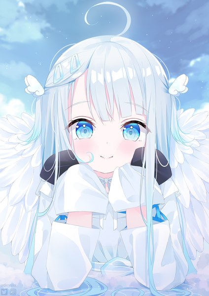 Anime picture 849x1200 with virtual youtuber indie virtual youtuber amatsuka uto deyui single long hair tall image looking at viewer blue eyes smile silver hair ahoge two side up white wings head rest girl wings hairclip