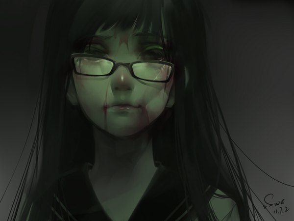 Anime picture 1024x768 with original silverwing single long hair black hair black eyes grey background portrait girl glasses serafuku blood