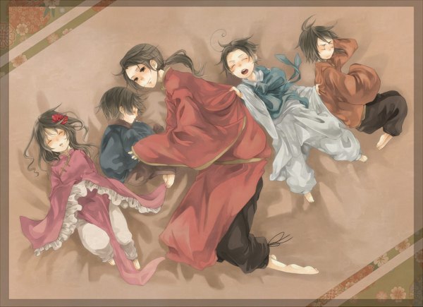 Anime picture 1400x1017 with axis powers hetalia studio deen japan (hetalia) china (hetalia) taiwan (hetalia) hong kong (hetalia) south korea (hetalia) tsukudato long hair looking at viewer short hair open mouth black hair brown eyes ahoge eyes closed traditional clothes profile barefoot hair flower