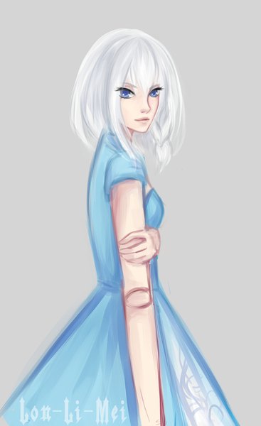 Anime picture 1196x1953 with original lon-li-mei single tall image looking at viewer short hair blue eyes signed white hair braid (braids) grey background short sleeves side braid girl dress blue dress