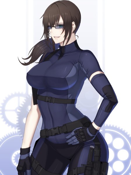 Anime picture 1200x1600 with border break (game) damegane long hair tall image blue eyes light erotic simple background smile brown hair ponytail hand on hip girl gloves uniform weapon glasses military uniform knife gears