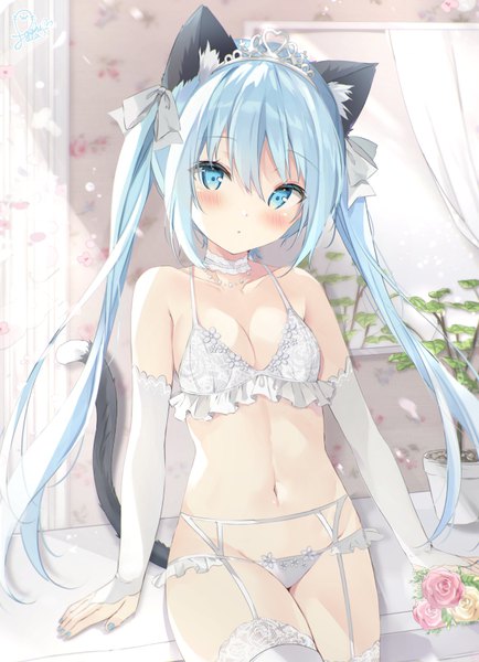 Anime picture 646x893 with original saeki sora single long hair tall image looking at viewer blush fringe breasts blue eyes light erotic hair between eyes standing twintails signed animal ears payot blue hair cleavage indoors