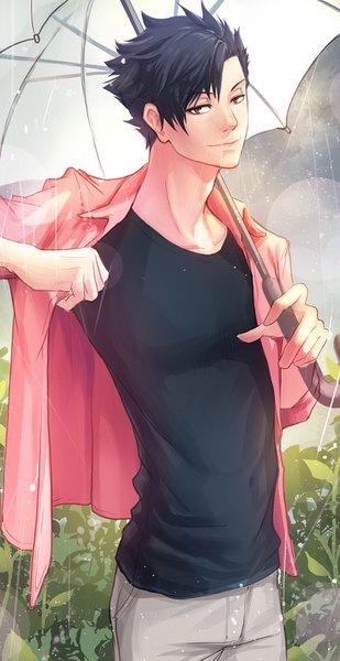 Anime picture 740x1435 with haikyuu!! production i.g kuroo tetsurou i-sol-e single tall image looking at viewer short hair black hair standing holding brown eyes sky outdoors light smile open shirt lens flare rain boy plant (plants)