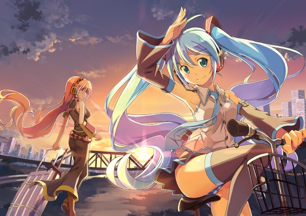 Anime picture 1200x849 with vocaloid hatsune miku megurine luka long hair smile twintails bare shoulders multiple girls pink hair sky cloud (clouds) aqua eyes aqua hair city evening sunset girl thighhighs dress skirt