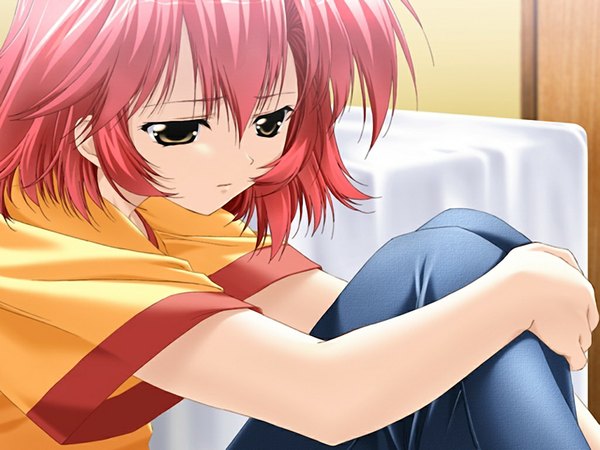 Anime picture 1024x768 with akihabara otaku school (game) short hair brown hair game cg red hair leg hug girl