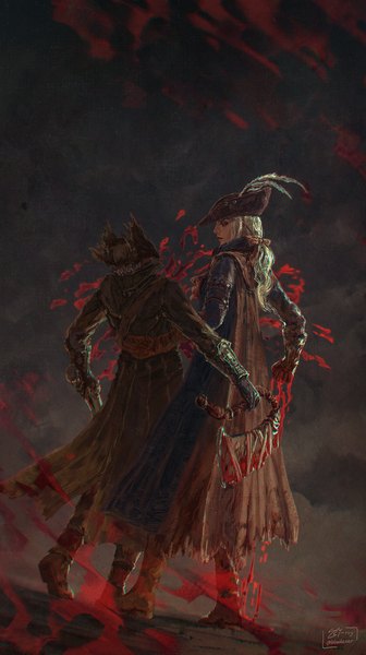 Anime picture 1940x3469 with bloodborne from software lady maria of the astral clocktower hunter (bloodborne) bloodexer long hair tall image highres standing holding signed looking away full body white hair profile twitter username low ponytail bloody weapon girl boy