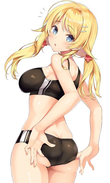 Anime picture 1234x2048 with idolmaster idolmaster shiny colors hachimiya meguru inuzumi masaki single long hair tall image looking at viewer blush fringe breasts blue eyes light erotic blonde hair simple background large breasts standing white background twintails ahoge