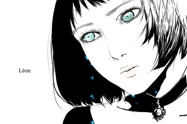 Anime picture 1000x667 with leon (movie) mathilda lando natalie portman pizaya single short hair black hair simple background white background aqua eyes inscription tears monochrome face sad girl pendant collar