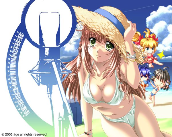 Anime picture 1280x1024 with kimi ga nozomu eien suzumiya haruka hayase mitsuki daikuuji ayu tamano mayu long hair blush short hair blue eyes light erotic blonde hair brown hair twintails multiple girls green eyes blue hair sky cloud (clouds) ahoge braid (braids)