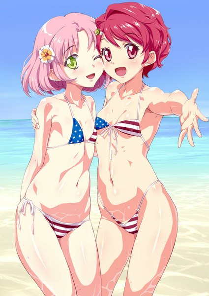 Anime picture 720x1017 with aikatsu! kitaouji sakura ichinose kaede senzoc tall image looking at viewer blush short hair breasts open mouth light erotic smile red eyes standing multiple girls green eyes pink hair sky red hair one eye closed