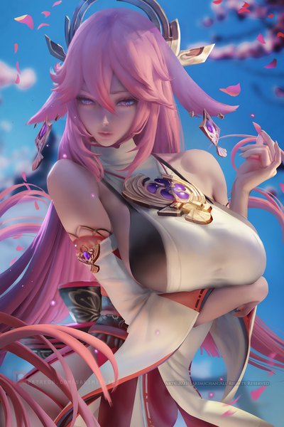Anime picture 2400x3600 with genshin impact yae miko sakimichan single long hair tall image looking at viewer fringe highres breasts light erotic hair between eyes large breasts standing bare shoulders animal ears pink hair sky upper body outdoors