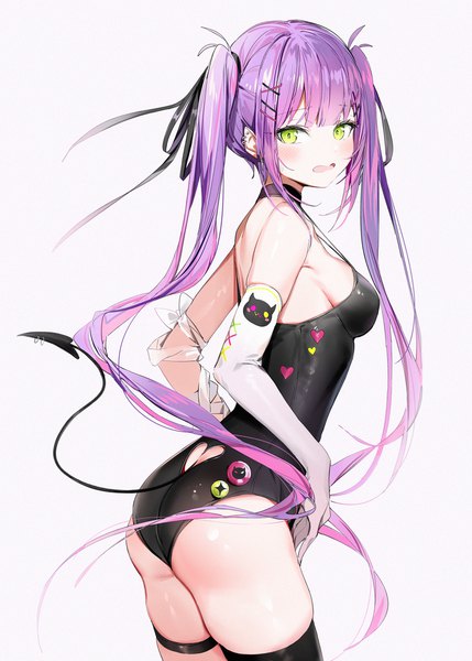 Anime picture 2000x2800 with virtual youtuber hololive tokoyami towa silver (chenwen) single long hair tall image highres open mouth light erotic simple background twintails green eyes payot purple hair ass tail demon tail girl gloves
