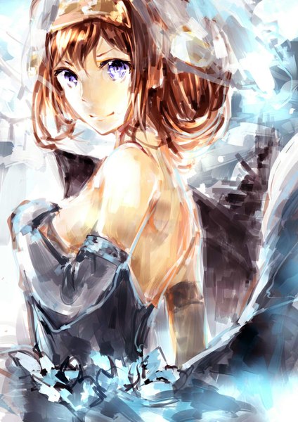 Anime picture 724x1024 with kantai collection kongou battleship mi bait single long hair tall image looking at viewer fringe blue eyes brown hair bare shoulders covering covering breasts girl dress gloves elbow gloves blue dress watercraft ship