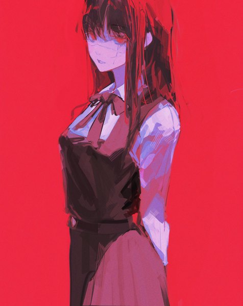 Anime picture 1024x1290 with chainsaw man mappa mitaka asa yoru (chainsaw man) 96yottea single long hair tall image black hair simple background red eyes standing scar hands behind back red background girl uniform school uniform bowtie