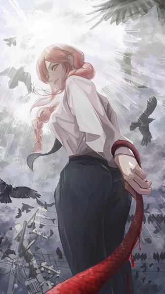Anime picture 1800x3200 with chainsaw man mappa makima (chainsaw man) nakauma single long hair tall image looking at viewer highres yellow eyes outdoors red hair braid (braids) from below single braid girl animal shirt necktie white shirt