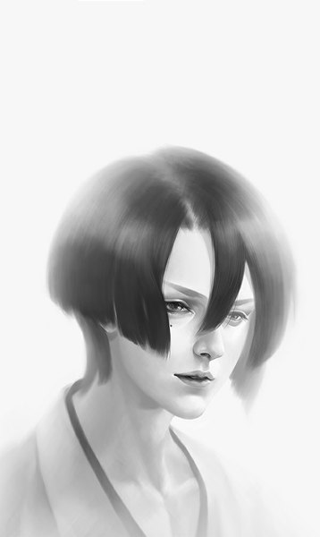 Anime picture 600x1003 with uta no prince-sama a-1 pictures hijirikawa masato aimee (pixiv1129113) single tall image fringe short hair black hair simple background hair between eyes white background black eyes realistic mole mole under eye monochrome boy