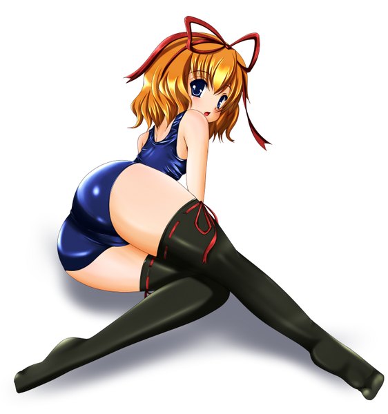 Anime picture 1405x1500 with touhou medicine melancholy daisha hiroshi (artist) single tall image short hair blue eyes light erotic simple background white background ass looking back orange hair girl thighhighs bow ribbon (ribbons) black thighhighs swimsuit hair bow