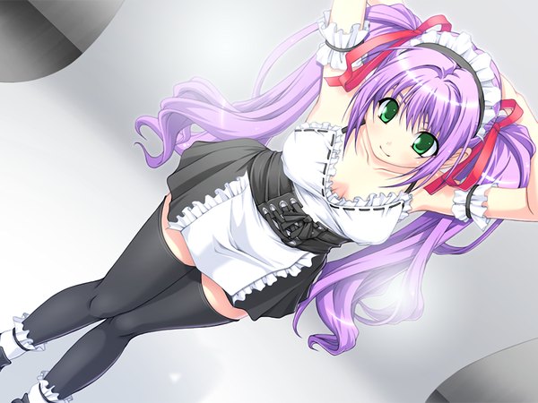 Anime picture 1200x900 with myway na kimi single long hair light erotic twintails green eyes game cg purple hair maid girl thighhighs ribbon (ribbons) black thighhighs frills headdress maid headdress