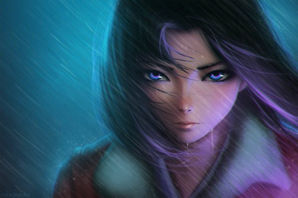 Anime picture 1200x800 with kara no kyoukai type-moon ryougi shiki miura-n315 single looking at viewer fringe short hair blue eyes black hair signed outdoors wind realistic wet rain eyebrows serious multicolored eyes girl