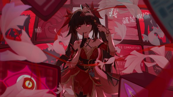 Anime-Bild 3840x2160 mit honkai: star rail honkai (series) sparkle (honkai: star rail) broser single long hair looking at viewer fringe highres breasts open mouth black hair smile red eyes wide image twintails bare shoulders payot absurdres blunt bangs