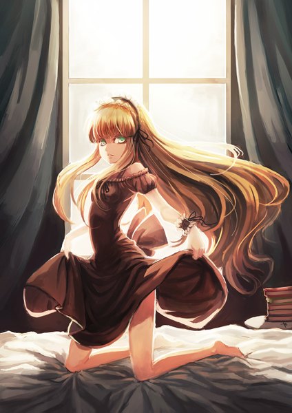 Anime picture 1000x1415 with gosick studio bones victorique de blois bryanth single long hair tall image looking at viewer fringe blonde hair green eyes indoors barefoot bare legs shadow spread legs kneeling dress lift backlighting girl