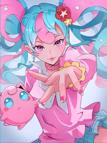 Anime picture 3650x4866 with pokemon vocaloid nintendo project voltage hatsune miku jigglypuff fairy miku (project voltage) eggychan single long hair tall image looking at viewer blush highres twintails blue hair pink hair absurdres nail polish pink eyes