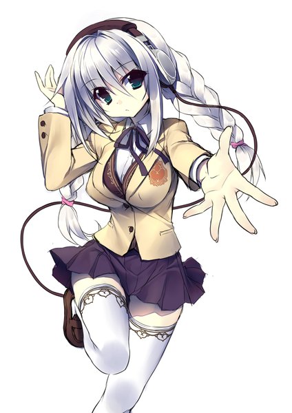 Anime picture 706x1000 with original kamitsurugi ouka single long hair tall image looking at viewer fringe breasts large breasts white background green eyes silver hair braid (braids) leg up girl thighhighs uniform school uniform white thighhighs headphones