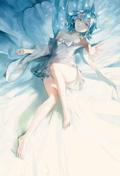 Anime picture 2031x2952 with houseki no kuni diamond (houseki no kuni) leiq single tall image looking at viewer fringe highres short hair light erotic hair between eyes bare shoulders full body bent knee (knees) barefoot aqua eyes from above aqua hair outstretched hand androgynous