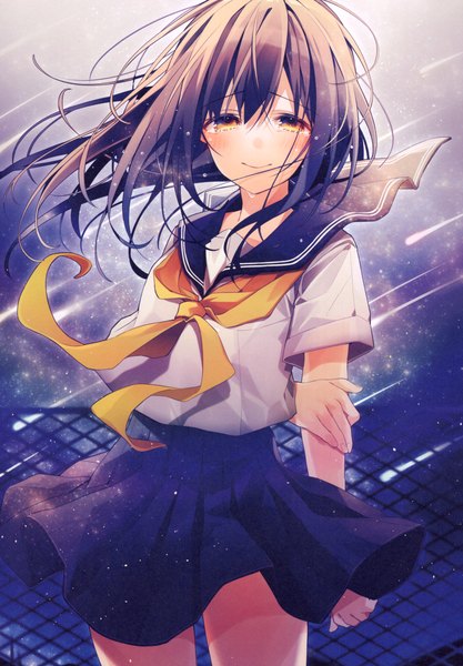 Anime picture 3208x4619 with original oshio (dayo) single long hair tall image looking at viewer blush fringe highres black hair smile hair between eyes standing brown eyes signed absurdres outdoors pleated skirt wind scan