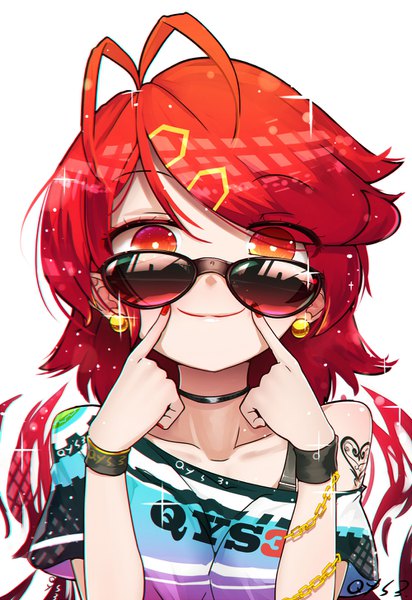 Anime-Bild 1000x1454 mit original tian ling (qys3) qys3 single long hair tall image looking at viewer blush fringe simple background smile hair between eyes white background bare shoulders signed upper body ahoge red hair nail polish off shoulder