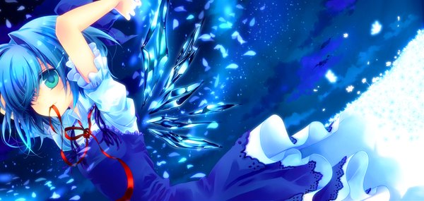 Anime picture 1820x865 with touhou cirno konno kengo single fringe highres short hair blue eyes wide image holding blue hair hair over one eye mouth hold ribbon in mouth girl dress ribbon (ribbons) wings crystal
