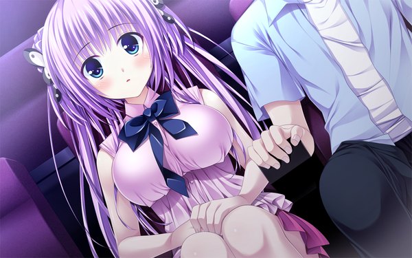 Anime picture 1054x659 with scramble lovers aoi yui ariko youichi long hair looking at viewer blush breasts open mouth blue eyes large breasts sitting twintails bare shoulders game cg purple hair head out of frame girl dress boy ribbon (ribbons)