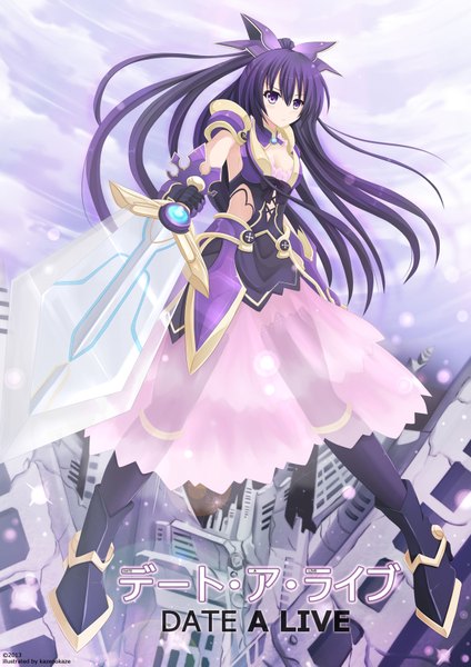 Anime picture 1200x1697 with date a live yatogami tooka kazenokaze single long hair tall image purple eyes purple hair ponytail inscription girl dress weapon sword