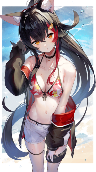 Anime picture 1400x2500 with virtual youtuber hololive ookami mio ookami mio (summer vacation) scottie (phantom2) single tall image looking at viewer blush fringe breasts light erotic black hair hair between eyes standing animal ears yellow eyes outdoors ponytail very long hair