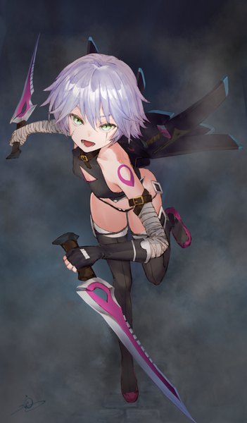 Anime picture 675x1152 with fate (series) fate/apocrypha jack the ripper (fate/apocrypha) io (io oekaki) single tall image looking at viewer fringe short hair open mouth light erotic hair between eyes holding green eyes signed silver hair full body tattoo scar dual wielding