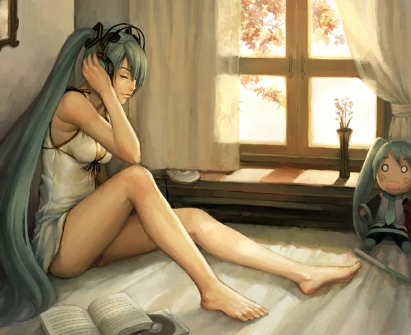Anime picture 1000x815 with vocaloid hatsune miku dominic (pixiv) single breasts light erotic smile sitting twintails eyes closed very long hair barefoot lips aqua hair legs pantyshot sitting girl window headphones book (books)