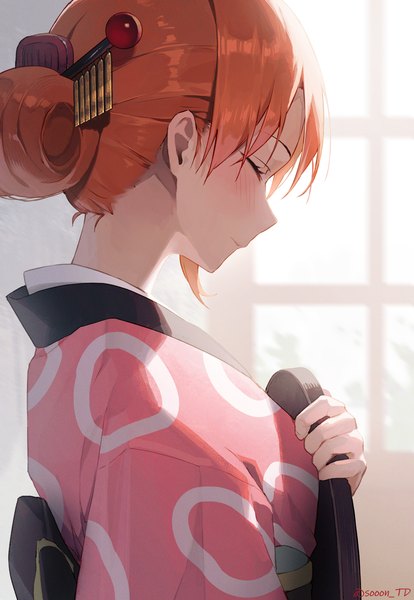 Anime picture 2176x3157 with one piece toei animation nami (one piece) sooon single tall image blush highres short hair signed upper body indoors eyes closed traditional clothes japanese clothes profile orange hair twitter username girl hair ornament