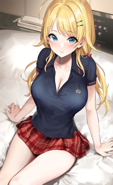 Anime picture 1060x1722 with idolmaster idolmaster shiny colors hachimiya meguru hym9594 single long hair tall image looking at viewer blush fringe breasts blue eyes blonde hair smile large breasts sitting twintails cleavage ahoge indoors